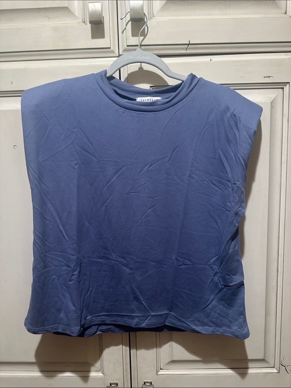 Sleeveless Padded-Shoulder Tank Top in Dusty Blue